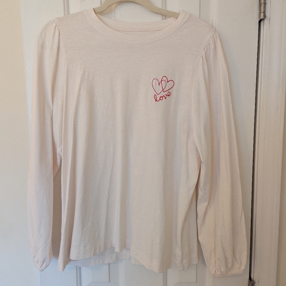 LOFT Tops - LOFT Cream Long Sleeve Top with Pink heart Embroidery